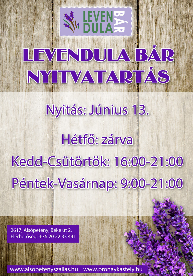 Levendula Bár nyitvatartás 2020.